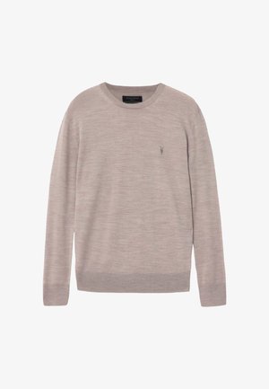 Maglione beige chiaro a maniche lunghe con scollo tondo, polsini e orlo a coste, con un piccolo logo ricamato sul petto a sinistra.