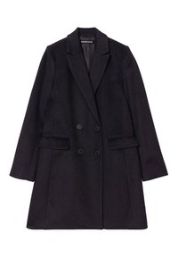 Black double-breasted coat with notch lapels, made from a textured fabric. Features two front pockets and six buttons.