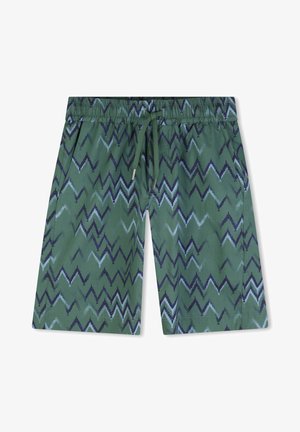 Shorts verts avec un motif en zigzag dans des tons de bleu marine et bleu clair. Dispose d'une taille élastique avec un cordon de serrage pour un ajustement réglable.