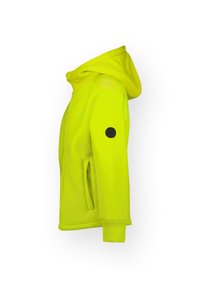 Veste à capuche jaune fluo avec une finition lisse et texturée. Comprend un logo circulaire noir sur la manche et des poches zippées sur les côtés.