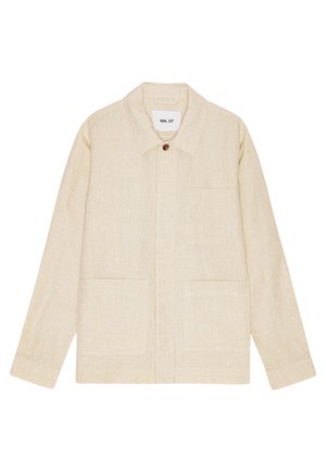 Light beige jacket made of textured fabric with a pointed collar, button closure, and two front pockets. Simple and structured design.