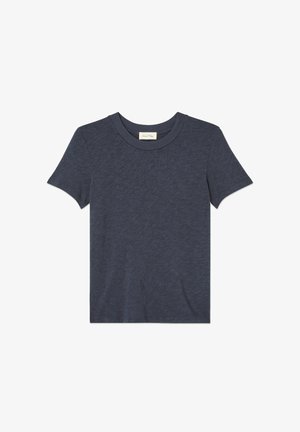 Navy blue cotton t-shirt with a round neckline and short sleeves, featuring a subtle texture and a label inside the collar.