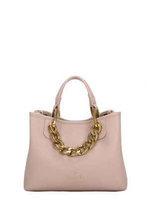 Borsa a mano in pelle rosa con finitura testurizzata, manico a catena dorata, doppio manico superiore e dettaglio del logo sulla parte anteriore.