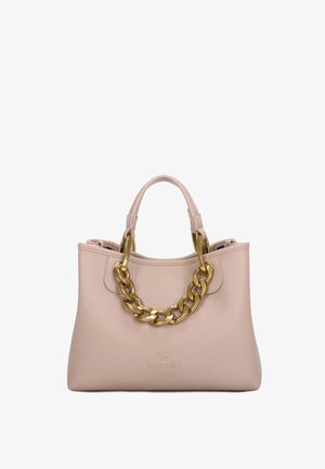 Borsa a mano in pelle rosa con finitura testurizzata, manico a catena dorata, doppio manico superiore e dettaglio del logo sulla parte anteriore.