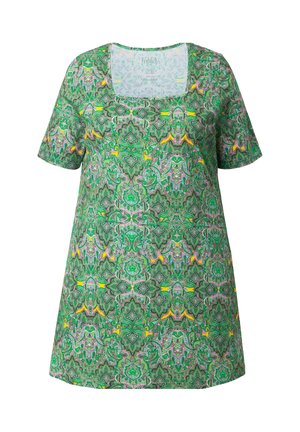 Vihreä lyhythihainen tunika, jossa on monimutkainen symmetrinen paisley-kuvio keltaisena, pinkkinä ja vaaleansinisenä, pyöreähköllä neliömäisellä pääntiellä.