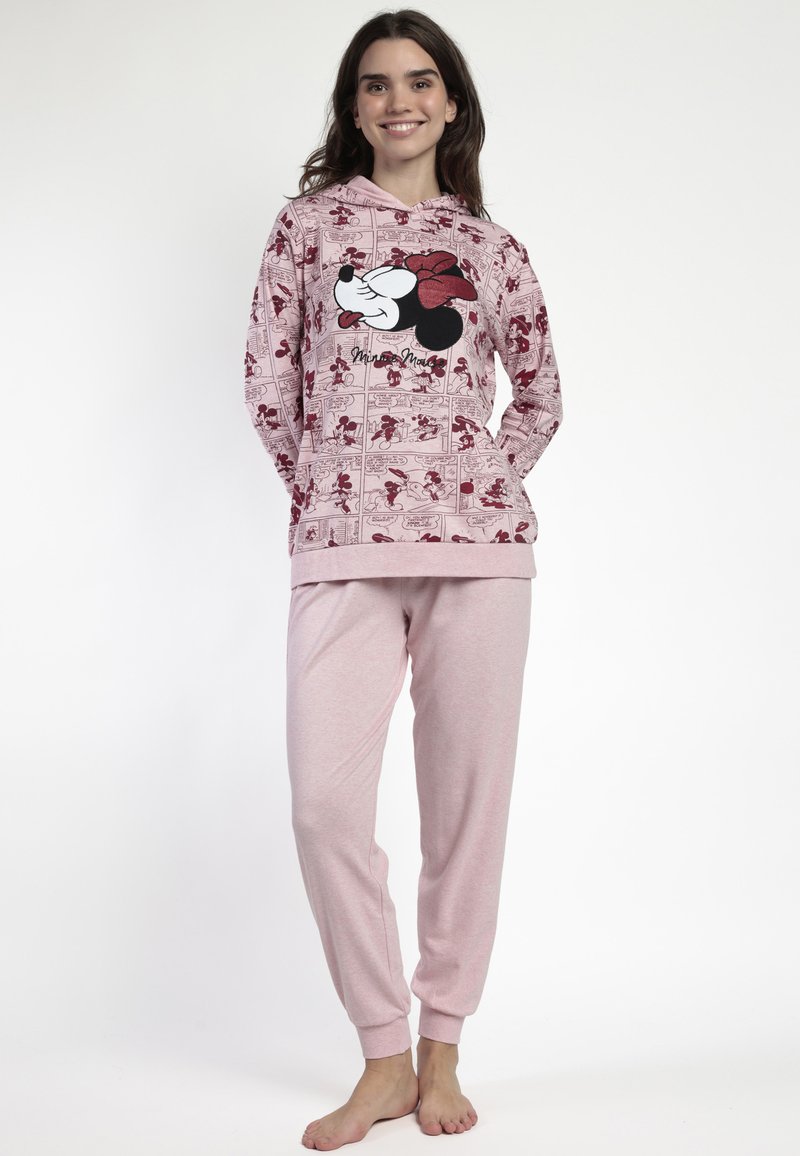 Sudadera rosa con diseño de tira cómica y gráfico de Minnie Mouse, combinada con pantalones jogger rosa a juego con puños elásticos. Tejido suave.