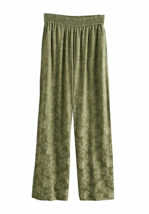 Pantalon ample vert olive avec ceinture élastique et motif floral discret sur tout le tissu.