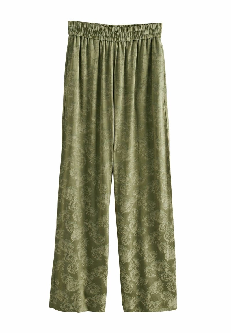 Pantalon ample vert olive avec ceinture élastique et motif floral discret sur tout le tissu.