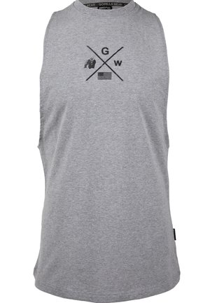 Gray sleeveless tank top made of cotton. Features a graphic design with a gorilla, initials "GW," and an American flag in black print.