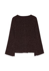 Blusa marrone a trama con maniche a campana lunghe e scollatura ampia. Il tessuto presenta un'invisibile trama a righe verticali ed è comoda da indossare.