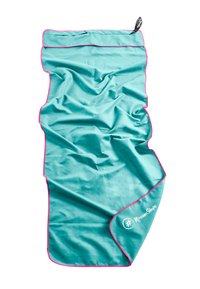Turquoise microfiber blanket with pink border, featuring a smooth texture and wrinkled appearance, branded with a logo in one corner.