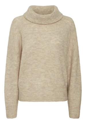 Bežs turtlenecks džemperis, izgatavots no mīkstas auduma; brīva piegriezuma ar garām piedurknēm un ribinātām aprocēm. Tekstūrēta virsma ar smalku rakstu.