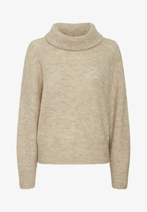 Bežs turtlenecks džemperis, izgatavots no mīkstas auduma; brīva piegriezuma ar garām piedurknēm un ribinātām aprocēm. Tekstūrēta virsma ar smalku rakstu.