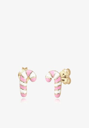 Boucles d'oreilles en forme de canne à sucre en métal doré avec des rayures en émail rose et blanc. Les caractéristiques incluent un design courbé et un fermoir à tige sécurisé.