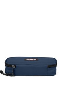 Astuccio blu navy di forma rettangolare, realizzato in tessuto resistente, con una cerniera nera e un'etichetta del marchio sulla parte anteriore.