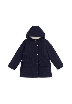Marineblaue Winterjacke mit Kapuze, vorderen Knöpfen, zwei Klappentaschen und elastischem Taillenbund.