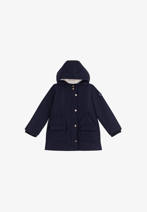 Navy blue hooded winter jacket with front buttons, two flap pockets, and elastic waist detailing.