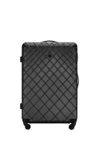 Valise rigide noire avec une texture en motif de diamant, équipée de roulettes à mouvement fluide et d'une poignée supérieure pour un transport facile.