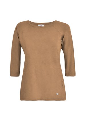 Bruin langarmshirt met een ronde halslijn en raglanmouwen. Soepele textuur met een klein logodetail aan de zoom.