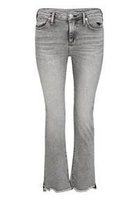 Jean en denim gris évasés avec ourlet effiloché, cinq poches, texture en denim et coutures contrastées. Fermeture à bouton métallique et détail du logo de la marque.