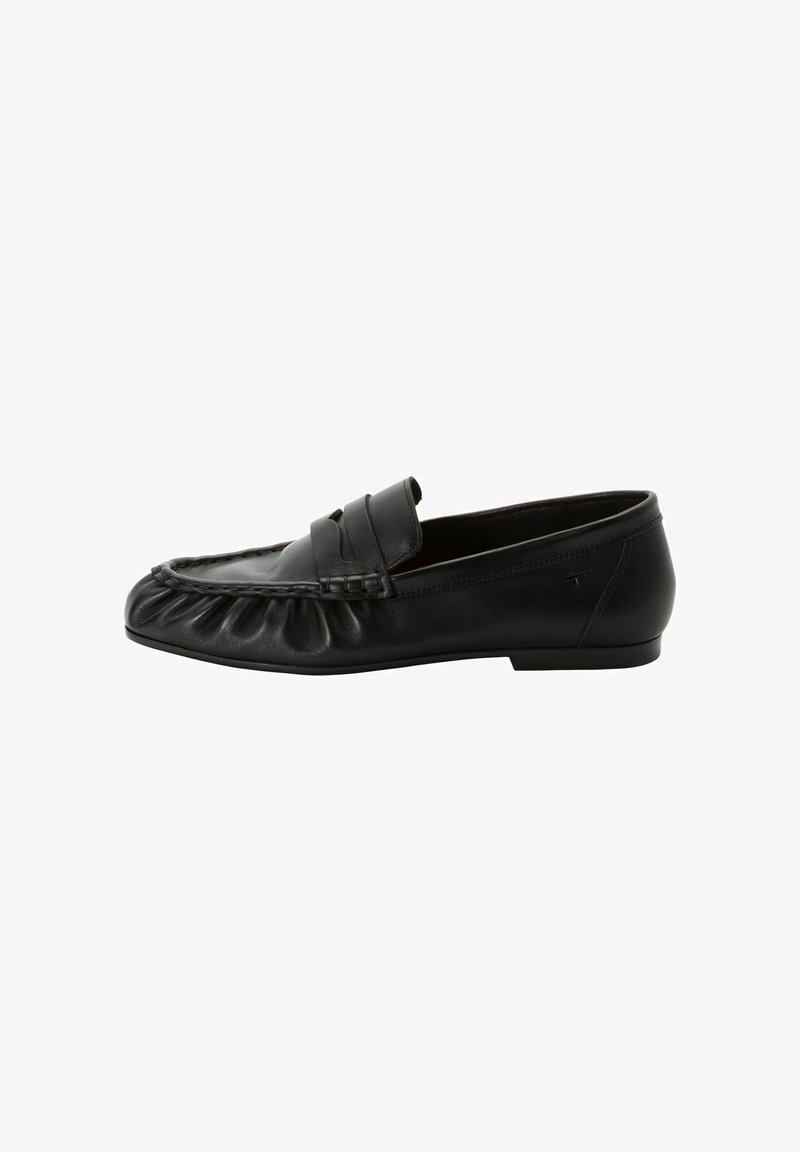 Black leather penny loafer with rounded toe, low heel, and gathered stitching detail along the front edge.