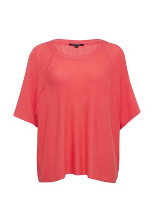 Korallenrosa, lässig geschnittenes Oberteil mit rundem Halsauschnitt und kurzen Ärmeln. Weicher, leichter Stoff mit zarten Seitennähten.