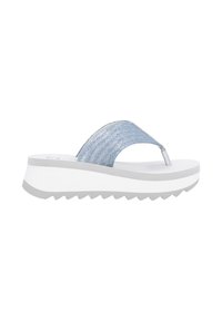 Tongs en style denim bleu avec une semelle épaisse blanche et grise, dotées d'une bride texturée et d'une semelle extérieure rainurée.