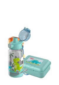 Transparente Plastikwasserflasche mit einem türkisfarbenen Boden und Deckel, verziert mit bunten Dinosauriergrafiken. Enthält eine passende türkisfarbene Brotdose.