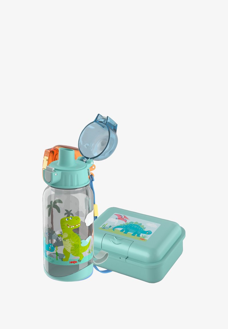 Transparente Plastikwasserflasche mit einem türkisfarbenen Boden und Deckel, verziert mit bunten Dinosauriergrafiken. Enthält eine passende türkisfarbene Brotdose.