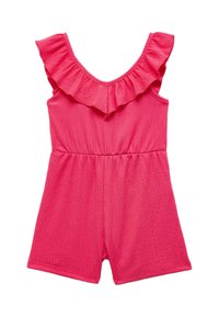 Mono sin mangas de color rosa con un escote fruncido, tejido texturizado, cintura elástica y un corte relajado con pantalones cortos.