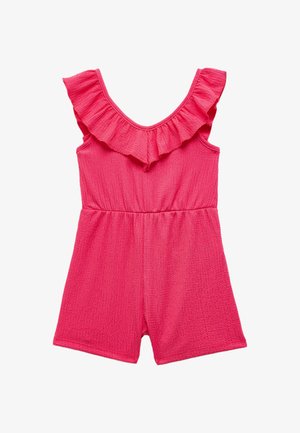Romper senza maniche rosa con colletto arricciato, tessuto texture, vita elastica e vestibilità comoda con pantaloni corti.