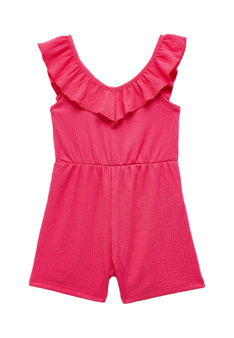 Mono sin mangas de color rosa con un escote fruncido, tejido texturizado, cintura elástica y un corte relajado con pantalones cortos.