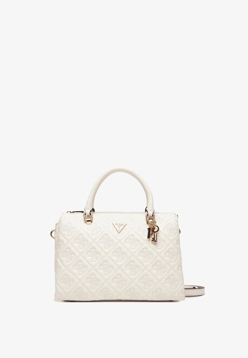 Borsa a tracolla bianca trapuntata con finiture dorate, doppio manico e una tracolla removibile. Presenta dettagli con logo e chiusura a zip.