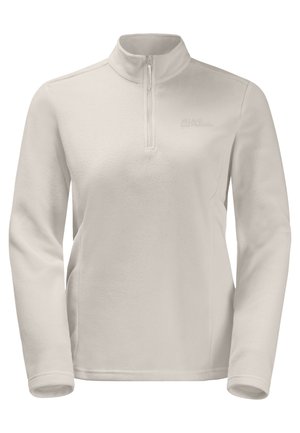 Hellbeiger Fleecepullover mit langen Ärmeln, halbem Reißverschluss am Kragen und dezentem Jack Wolfskin Logo auf der Brust.