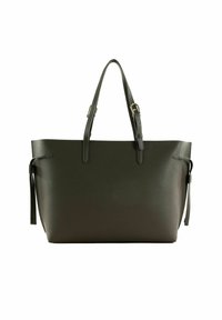 Sac fourre-tout en cuir noir avec deux poignées courtes, ouverture supérieure, surface texturée et pampilles latérales pour un détail supplémentaire. Intérieur spacieux.