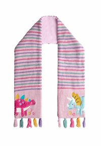 Strikket tørklæde med lyserøde og lilla striber, med dinosaur-applikationer og farverige frynser i begge ender. Blød tekstur, legende design.