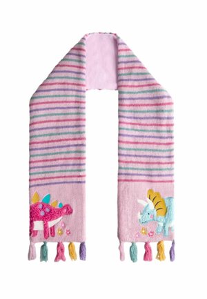 Strikket tørklæde med lyserøde og lilla striber, med dinosaur-applikationer og farverige frynser i begge ender. Blød tekstur, legende design.