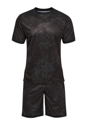 Schwarzes Sportshirt mit kurzen Ärmeln und Shorts-Set mit dezenten wellenförmigen Mustern, Rundhalsausschnitt und leichtem, atmungsaktivem Gewebe.