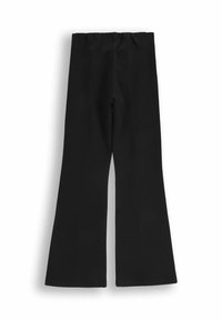 Czarne spodnie z szerokimi nogawkami, wykonane z elastycznego materiału, z elastycznym pasem i gładką teksturą. Brak widocznych wzorów lub akcentów.