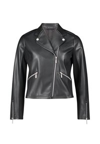 Veste de biker en simili cuir noir avec des fermetures éclair argentées, des boutons-pression et une coupe ajustée. Comprend deux poches latérales et un col pointu.