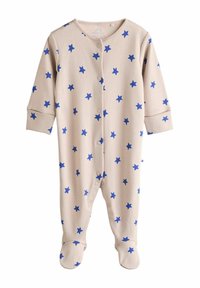 Beige babydragt med blåt stjernemønster, lange ærmer, trykknapper fortil og indbygget foddesign. Blød stoftekstur.