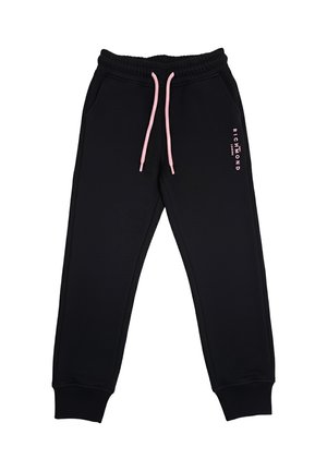 Pantaloni da jogging neri con coulisse rosa, polsini elastici, tasche laterali e logo "Richmond London" stampato in testo rosa verticale sulla coscia sinistra.