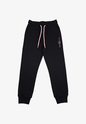 Pantaloni da jogging neri con coulisse rosa, polsini elastici, tasche laterali e logo "Richmond London" stampato in testo rosa verticale sulla coscia sinistra.