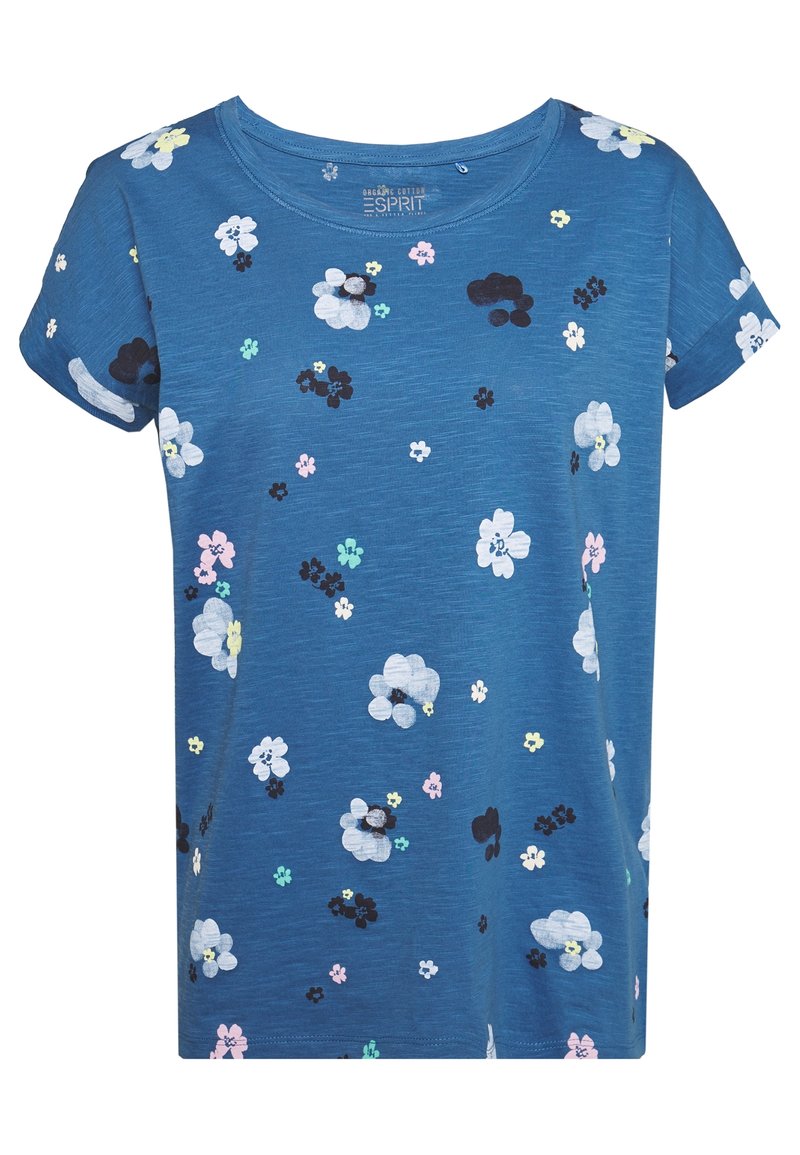 Blaues, kurzärmliges T-Shirt aus Bio-Baumwolle. Es zeichnet sich durch ein florales Muster in Weiß, Schwarz, Pink und Grün auf einem strukturierten Hintergrund aus.