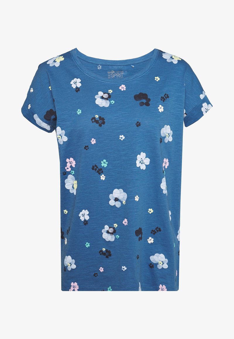 Blaues, kurzärmliges T-Shirt aus Bio-Baumwolle. Es zeichnet sich durch ein florales Muster in Weiß, Schwarz, Pink und Grün auf einem strukturierten Hintergrund aus.