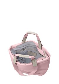 Borsa a spalla rosa con interno grigio, con doppio manico, multiple tasche e finitura testurizzata. Logo ben visibile all'interno.