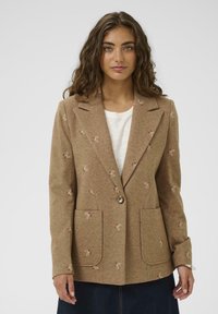 Bruine herringbone blazer met borduursels van bloemen, twee voorzakken, geknipte revers en een enkele knoopsluiting.