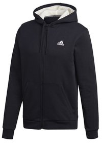 Sweat à capuche zippé noir avec doublure en polaire blanche, poches avant, capuche avec cordon, poignets côtelés et logo Adidas blanc sur la poitrine gauche.