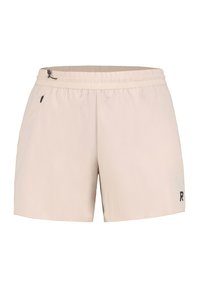 Beige idrottsshorts tillverkade av lätt material, med elastisk midja och en liten svart logotyp på nedre högra sidan.