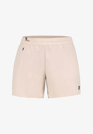 Beige sportshorts van lichtgewicht stof, met een elastische tailleband en een klein zwart logo aan de rechteronderzijde.